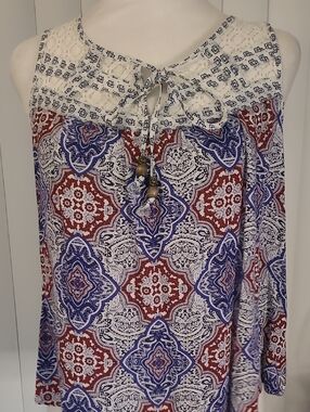 Rewind Ivory Tank Top with Red & Blue Medallion Print